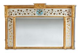 A LATE GEORGE III GILTWOOD OVERMANTEL WALL MIRRORCIRCA 1810With verre eglomise frieze and borders