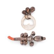 Y A GEORGE III SILVER CHILD'S RATTLE, WHISTLE AND TEETHER, ELIZABETH MORLEY