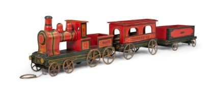 AN EDWARDIAN PAINTED WOOD MODEL OF A STEAM TRAIN, CIRCA 1905