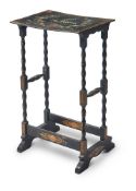 Y A VICTORIAN BLACK PAINTED PAPIER MACHE AND MOTHER OF PEARL INLAID SIDE TABLE