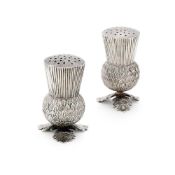 A MATCHED PAIR OF WILLIAM IV SILVER NOVELTY THISTLE PEPPERETTES BY JOSEPH WILLMORE