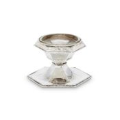 AN ARTS AND CRAFTS SILVER HEXAGONAL SALT CELLAR BY OMAR RAMSDEN