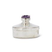 A PLAIN SILVER AND AMETHYST CIRCULAR BOX BY STUART DEVLIN