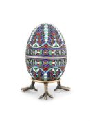 A RUSSIAN SILVER GILT AND CLOISONNÉ ENAMEL EGG BY GUSTAV KLINGERT