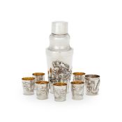 A CHINESE EXPORT SILVER COCKTAIL SHAKER AND SIX TOTS BY WANG HING & CO.