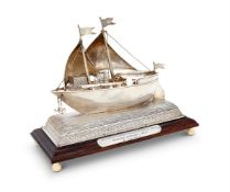 Y AN INDIAN SILVER COLOURED NOVELTY TWIN MAST BOAT INKWELL