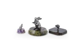 THREE SILVER BIRD OR ANIMAL FIGURES ON HARDSTONE BASES