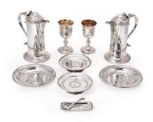 A LATE GEORGE III SILVER NINE PIECE COMMUNION SET BY REBECCA EMES & EDWARD BARNARD I