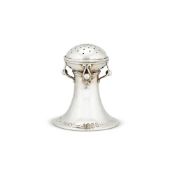 AN ARTS AND CRAFTS SILVER PEPPER POT BY OMAR RAMSDEN & ALWYN CARR