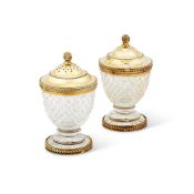 A SILVER GILT MOUNTED CUT GLASS MUSTARD POT AND PEPPERETTE BY ASPREY & CO. LTD