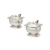 A MATCHED PAIR OF LATE GEORGE III SILVER OBLONG PEDESTAL MUSTARD POTS BY PAUL STORR