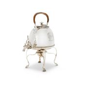 A GEORGE III SILVER OVAL KETTLE ON STAND BY JOHN EDWARDS III