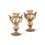 A PAIR OF EDWARDIAN SILVER GILT INVERTED BALUSTER VASES BY CARRINGTON & CO.