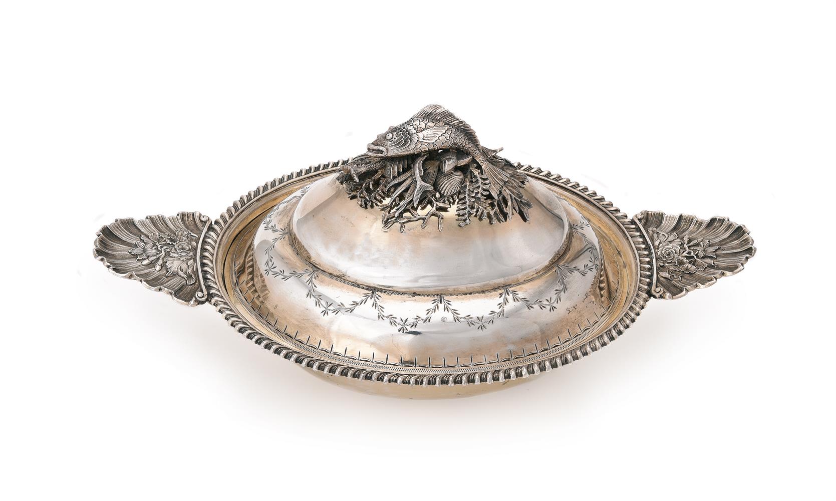 A LATE 18TH CENTURY RUSSIAN SILVER GILT OVAL FISH TUREEN AND COVER