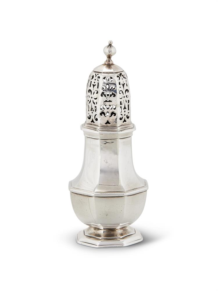 A QUEEN ANNE SILVER OCTAGONAL BALUSTER SUGAR CASTER BY CHARLES ADAM