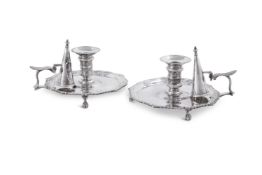 A MATCHED PAIR OF GEORGE III SILVER OCTOFOIL CHAMBER CANDLESTICKS