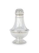 AN ARTS AND CRAFTS HAMMERED SILVER VASE SHAPE SUGAR CASTER BY OMAR RAMSDEN & ALWYN CARR