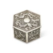 A CHINESE EXPORT SILVER HEXAGONAL TABLE BOX BY WANG HING & CO.