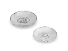 [ARTISTS RIFLES INTEREST] TWO ARTS AND CRAFTS HAMMERED SILVER SHAPED CIRCULAR DISHES