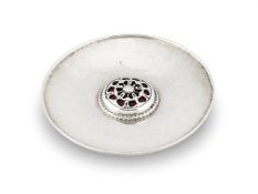 AN ARTS AND CRAFTS HAMMERED SILVER AND ENAMEL SMALL PIN DISH BY OMAR RAMSDEN