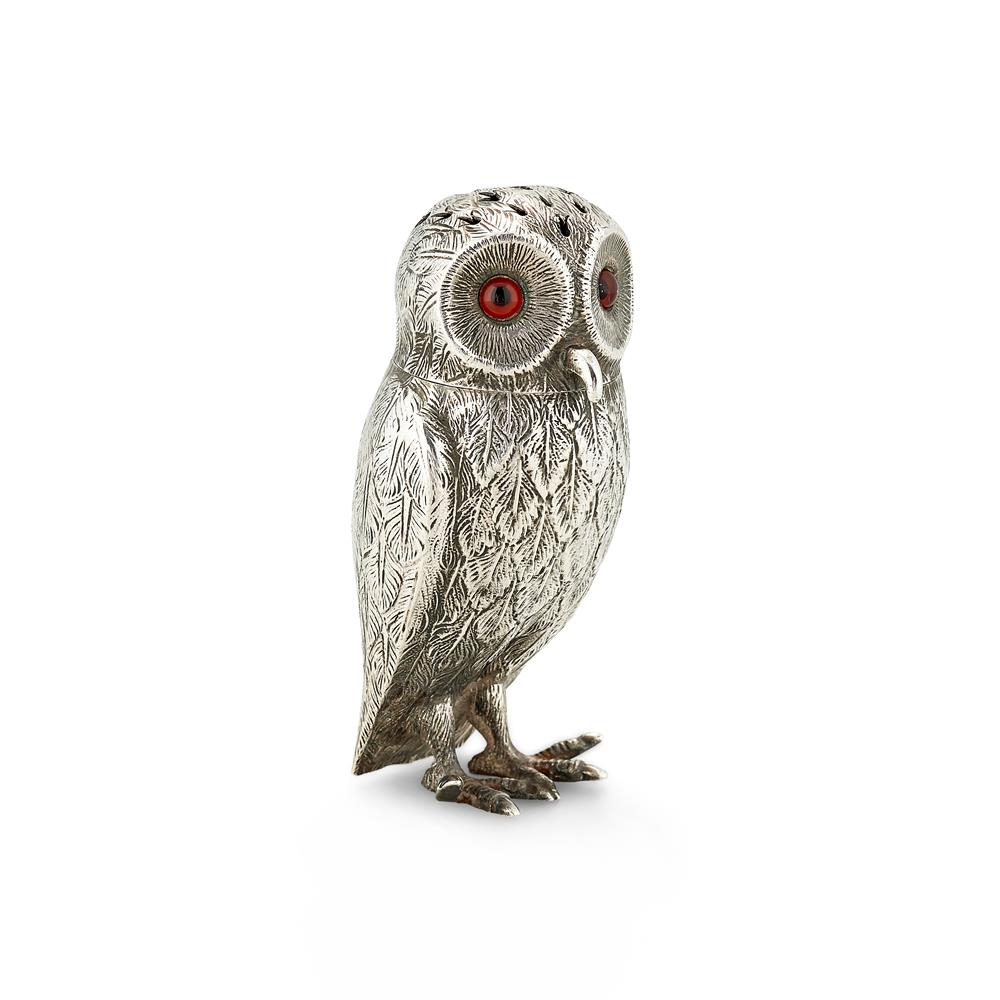 A VICTORIAN SILVER NOVELTY OWL PEPPERETE BY GEORGE FOX