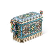 A RUSSIAN SILVER GILT AND SHADED CLOISONNÉ ENAMEL CASKET OR TEA CADDY BY NICHOLAI NEMIROV-KOLODIN