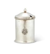 AN ARTS AND CRAFTS HAMMERED SILVER PRESERVE JAR AND COVER BY A.E JONES (ALBERT EDWARD JONES)