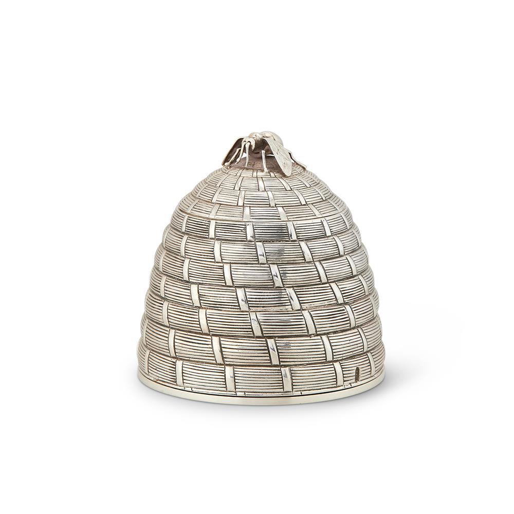 A SILVER NOVELTY BEE SKEP HONEY POT AND COVER BY C.J. VANDER LTD