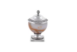 A SILVER MOUNTED AGATE VASE AND COVER BY ADIE BROS