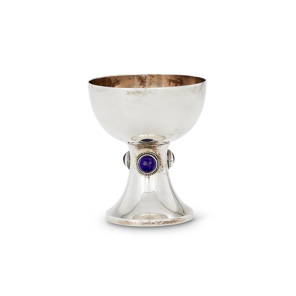 A SILVER PLAIN GOBLET APPLIED WITH AMETHYST CABOCHONS BY HARRODS STORES LTD (SIR RICHARD BURBRIDGE)