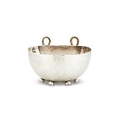 AN ARTS AND CRAFTS HAMMERED SILVER DEMILUNE HANGING ASHTRAY BY OMAR RAMSDEN & ALWYN CARR