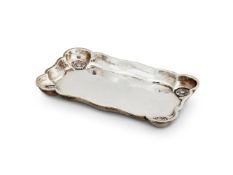 AN ARTS AND CRAFTS SILVER SHAPED RECTANGULAR PIN TRAY BY OMAR RAMSDEN