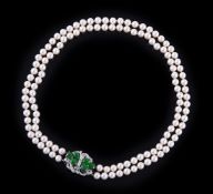 A JADEITE, DIAMOND AND CULTURED PEARL NECKLACE