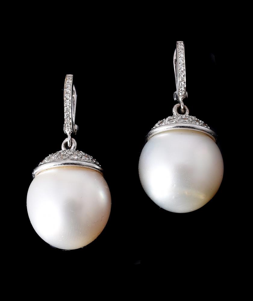 A PAIR OF SOUTH SEA CULTURED PEARL AND DIAMOND EARRINGS