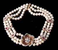 A DIAMOND, RUBY AND CULTURED PEARL COLLAR NECKLACE