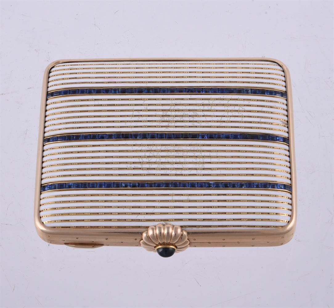 A GOLD COLOURED, SAPPHIRE AND ENAMEL POCKET CASE - Image 2 of 2