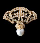 A SOUTH SEA CULTURED PEARL AND DIAMOND BROOCH