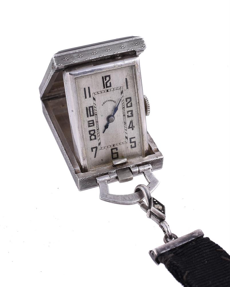 A SILVER COLOURED ART DECO ENAMELLED LAPEL WATCH - Image 2 of 3