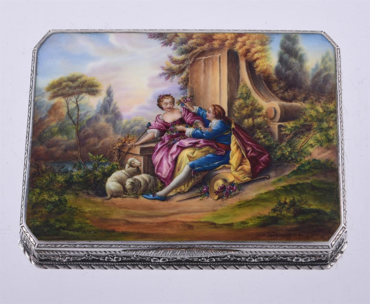 A CONTINENTAL SILVER AND ENAMEL CANTED-RECTANGULAR TABLE BOX - Image 2 of 2