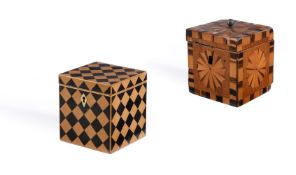 A GEORGE III FRUITWOOD AND PARQUETRY TEA CADDY, CIRCA 1800