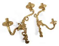 A PAIR OF FRENCH ORMOLU TWIN-LIGHT WALL APPLIQUES, IN THE MANNER OF ANDRE CHARLES BOULLE