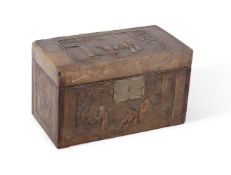 Y A RARE CHINESE EXPORT CARVED SOAPSTONE MOUNTED AND EXOTIC HARDWOOD TEA CADDY, 18TH CENTURY
