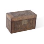 Y A RARE CHINESE EXPORT CARVED SOAPSTONE MOUNTED AND EXOTIC HARDWOOD TEA CADDY, 18TH CENTURY