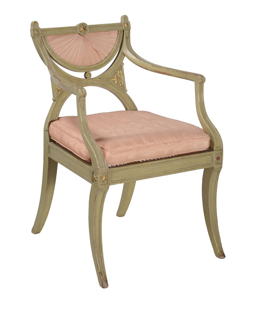 A PAINTED AND PARCEL GILT OPEN ARMCHAIR, AFTER A DESIGN BY GEORGE SMITH, CIRCA 1815 - Image 2 of 3