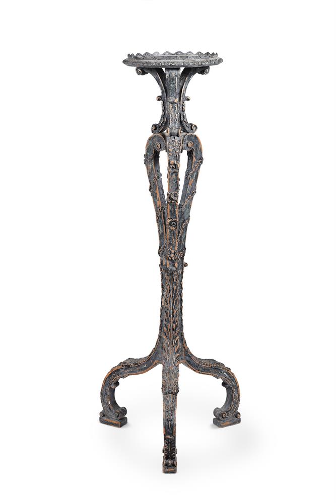 A BLUE PAINTED CARVED WOOD TORCHERE, 18TH CENTURY AND LATER REDECORATED