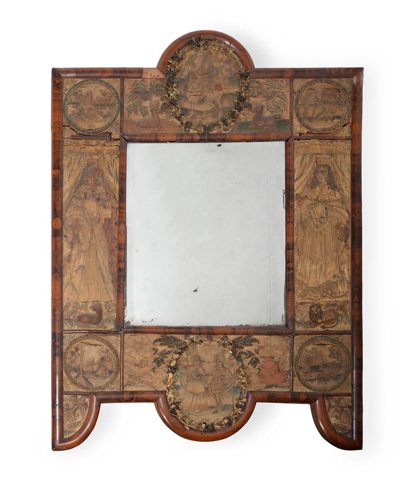 A CHARLES II WALNUT AND NEEDLEWORK INSET WALL MIRROR, CIRCA 1660