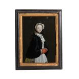 TWO ENGLISH REVERSE GLASS PAINTED PICTURES OF MAIDENS, BOTH 18TH CENTURY