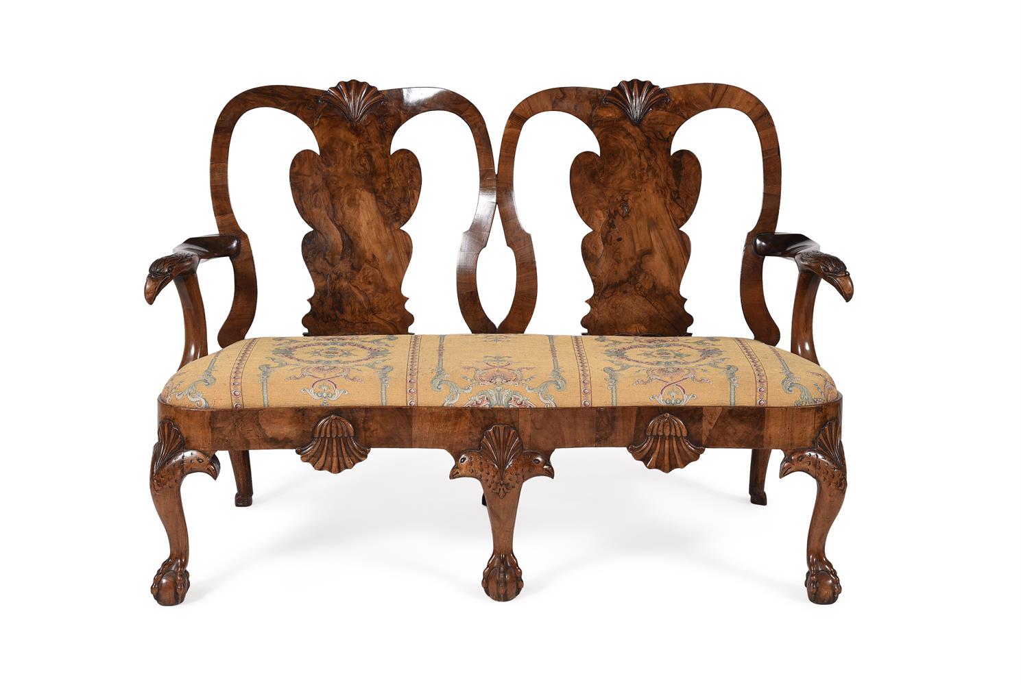 A GEORGE II BURR WALNUT AND WALNUT CHAIR BACK SETTEE, CIRCA 1740