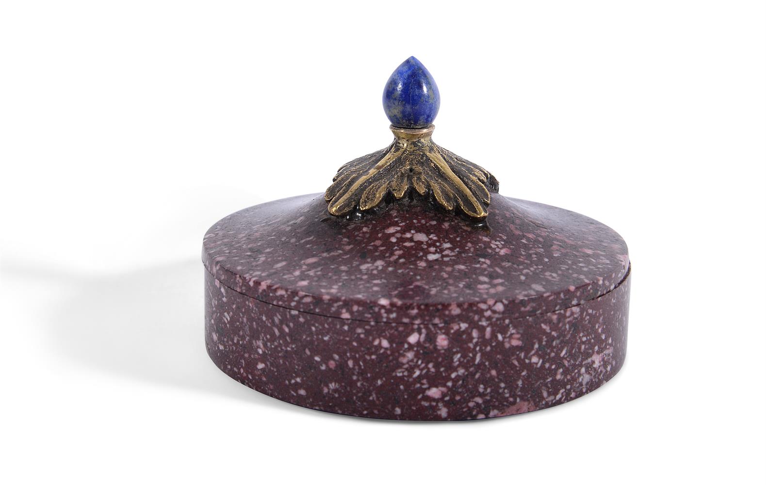 AN ITALIAN PORPHYRY, ORMOLU AND LAPIS LAZULI MOUNTED BOX, 18TH/EARLY 19TH CENTURY