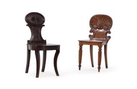 A GEORGE IV MAHOGANY 'SHELL BACK' HALL CHAIR, AND A GEORGE III MAHOGANY HALL CHAIR